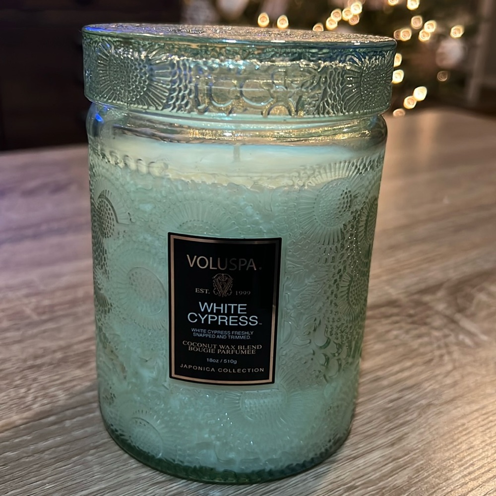 Voluspa large jar candle in White Cypress, beautiful jar with lid